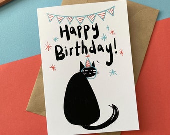 Carte d'anniversaire A6 chat noir | Carte de voeux illustrée simple de joyeux anniversaire | Carte d'anniversaire mignonne drôle | Carte originale de chat noir pour les amoureux des chats