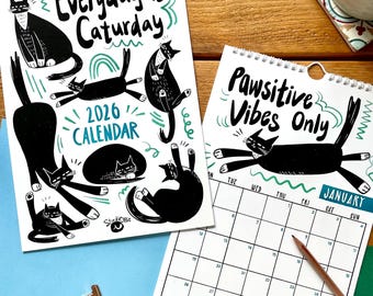 2026 Cat Art Wall Calendar | Everyday is Caturday | A4 Hanging Calendar | Funny Cute Tuxedo Cat illustrations | Christmas Gift Cat Lovers