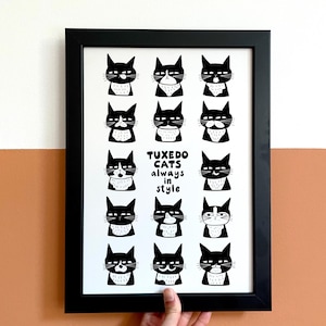 Tuxedo Cats Art Print | Funny Quirky Black and White Cat Wall Art | Gift for Cat Lovers | Hand drawn Cute Kitty illustration  | Cat Mom gift