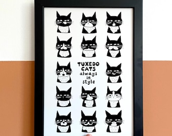 Tuxedo Cats Art Print | Funny Quirky Black and White Cat Wall Art | Gift for Cat Lovers | Hand drawn Cute Kitty illustration  | Cat Mom gift