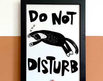 Do Not Disturb Cat Art Print | Black and White Hand-Drawn Tuxedo Cat Art | Funny Cat Wall Art | Sleeping Cat Print| Cat Lover Christmas Gift