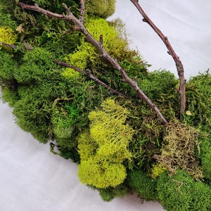 May include: A green and yellow moss wreath with brown twigs woven throughout.