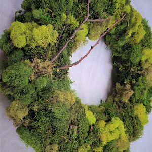 May include: A green and yellow moss wreath with a brown twig accent. The wreath is made of preserved moss and is perfect for adding a touch of nature to your home decor.