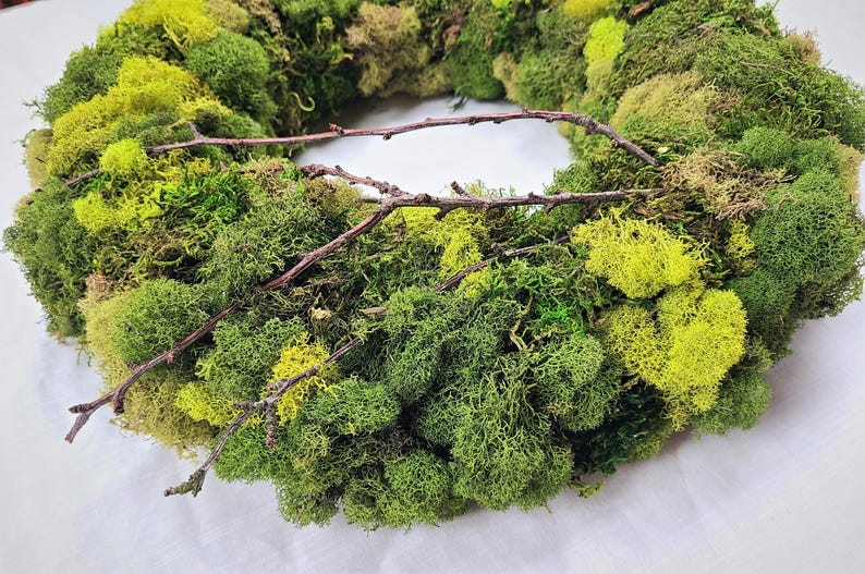 May include: A green and yellow moss wreath with brown twigs woven throughout.