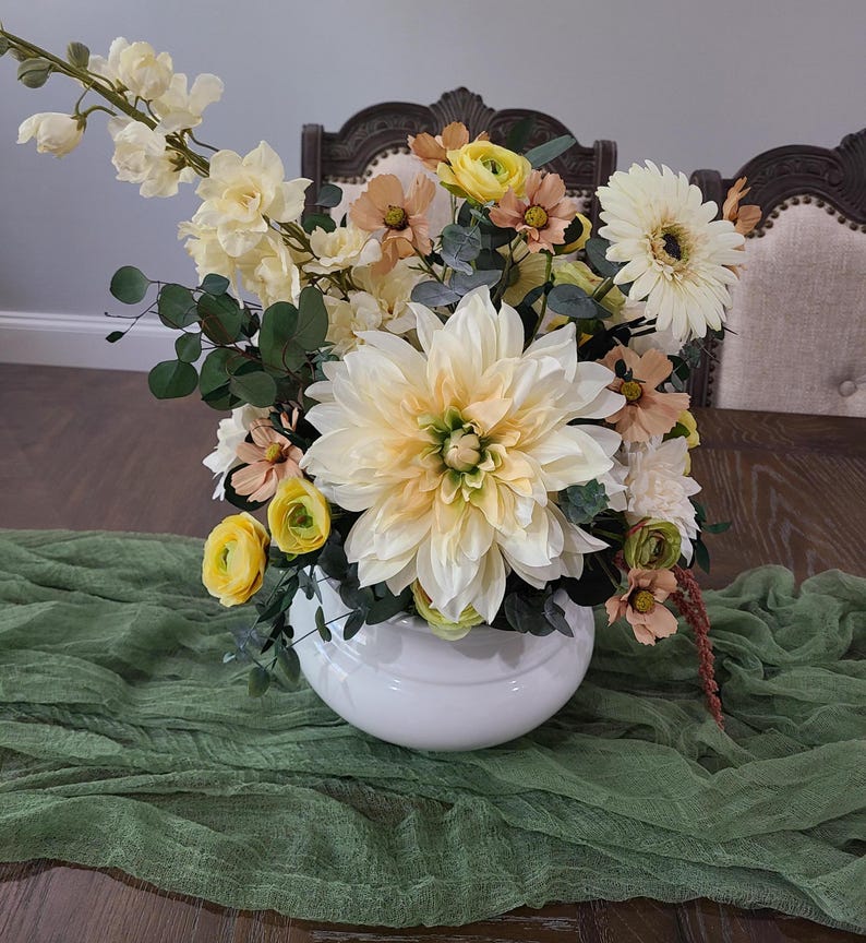 arrangement for table real preserved foliage and artificial flowers arrangement soft cream and buttery yellow centerpiece floral arrangement