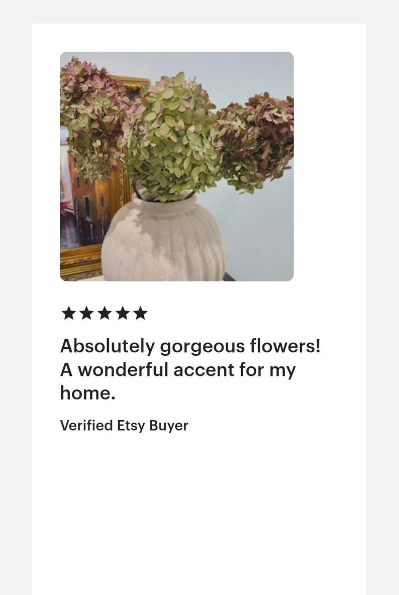 May include: A bouquet of dried hydrangea flowers with muted green and dusty pink petals arranged in a round, off-white ceramic vase with a vertically ribbed texture. The flowers have a natural, aged appearance with varied color tones.