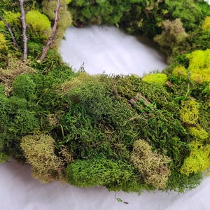 May include: A green and yellow moss wreath with a natural twig design. The wreath is made of preserved moss and is perfect for adding a touch of nature to your home decor.