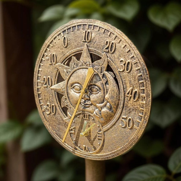 30cm Copper Sun and Moon Garden Outdoor Station Clock with Thermometer - Elegant and Functional Decor for Your Outdoor Space