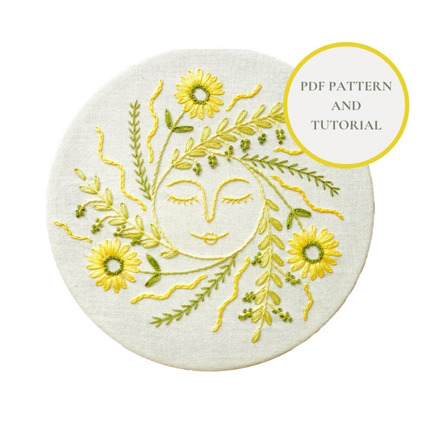 Sun embroidery pattern pdf + embroidery tutorial for beginners forest spring sun design for solstice astrology and decor