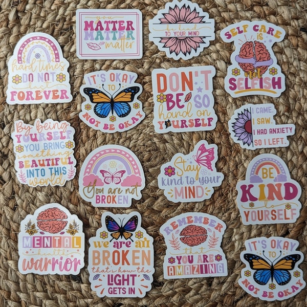 Mental Health Awareness Stickers, Positivity Sticker Pack, Emotional Wellness Stickers, Waterproof Decals for Water Bottles or Planners