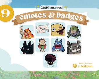 May include: A digital illustration of nine Studio Ghibli-inspired emotes and badges. The emotes and badges feature characters from popular Studio Ghibli films, such as Totoro, No Face, and Kiki's Delivery Service. The image includes the text "Ghibli inspired emotes & badges" and "Follow for more: @bellesart_"