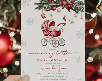 May include: A white baby shower invitation featuring a red and white baby carriage adorned with a red bow and decorations. The invitation has a festive Christmas theme with a green pine branch and red baubles. The text on the invitation reads "a merry little baby shower" and "Samantha Green".