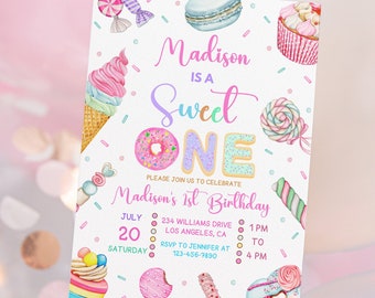 May include: A pink and blue birthday invitation with the text "Madison is a Sweet One" and a colourful candy theme. The invitation includes details for Madison's 1st birthday party, including the date, time, and location.