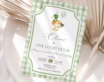 Mallard Birthday Invitation: One Lucky Duck Birthday Invitation, Watercolour Mallard, Greenery, Hunting Theme,Editable Boy 1st Birthday