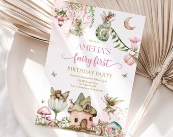 Invitación para el primer cumpleaños de una hada: fiesta en un jardín encantado, primer cumpleaños de una hada del bosque, fiesta en un jardín de hadas rosa y verde, descarga instantánea
