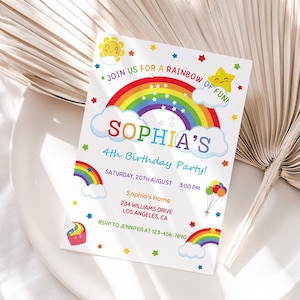 Rainbow Birthday Party Invitation, Rainbow Invite,Stars Modern Rainbow, Fun Girls Boys Birthday Invitation Template, Editable Printable