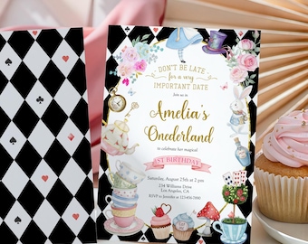 May include: An invitation card with a black and white diamond pattern on the back and a colorful Alice in Wonderland design on the front. The invitation is for Amelia's 1st birthday. Cupcakes and a unicorn figurine are also in the image.