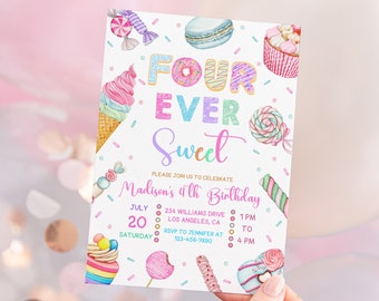 Four Ever Sweet Birthday Invitation, Candy Sweet Donut 4th Birthday Party Girl Invite, Ice cream Sweet Celebration Invite,Editable Printable