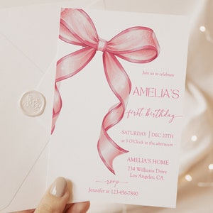 Pink Bow Birthday Invitation, Pink Bow Invite, EDITABLE Girls 1st Birthday,Pink bow First Birthday Invite Template,Girls Just Wanna Be ONE