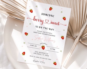 Editable Starwberry Berry Sweet Shower Invitation, Berry Sweet Baby Shower Invite, Blush Berry Sweet Evite,Strawberry Baby Shower Invitation