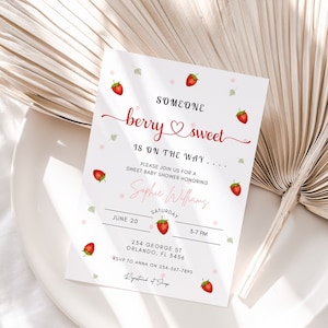 Editable Starwberry Berry Sweet Shower Invitation, Berry Sweet Baby Shower Invite, Blush Berry Sweet Evite,Strawberry Baby Shower Invitation