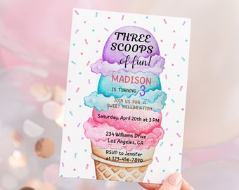 Pastel Ice Cream Birthday Invitation, Pastel 3rd Birthday Summer Party Invite, Ice Cream Birthday Girl Invite,Ice Cream Party Invite,digital