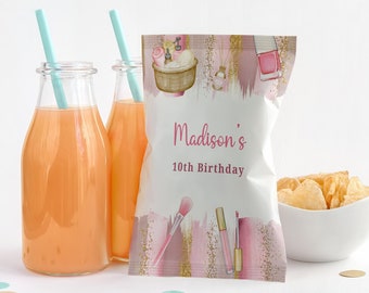 Editable Spa Party Chips Bag Glam Party Decor Chica Maquillaje Cumpleaños Brillos y Glamour Snack Mimos Fiesta Favores Plantilla Digital
