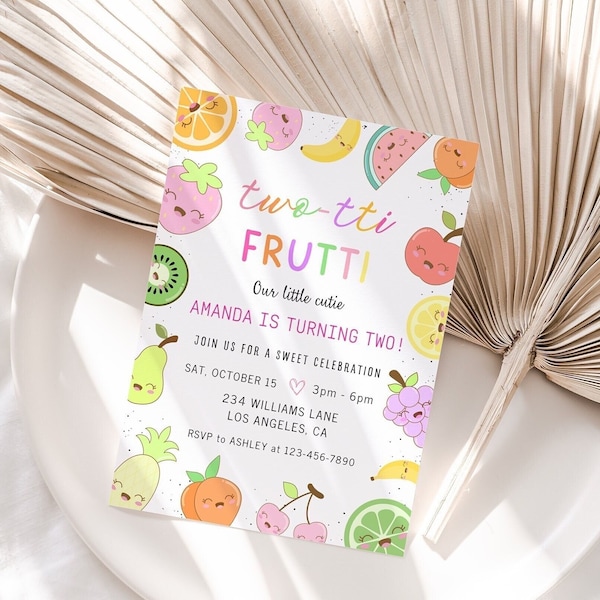 Editable Two-tti Frutti 2nd Birthday Invitation, Two-tti Frutti 2nd Birthday Invite, Tuti fruti Tropical Summer Party Invite, Fruit Party,