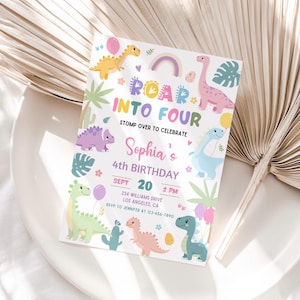 May include: A colorful dinosaur-themed birthday invitation for a 4th birthday party. The invitation features a rainbow, dinosaurs, and the text "Roar into Four". The invitation also includes the birthday girl's name, Sophia, and the date and time of the party.