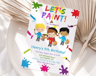 Invitación de fiesta de cumpleaños de arte editable, invitación a fiesta de artes, invitación a fiesta de pintura para niños, caballete arco iris acuarelaPaintTheme invitación digital