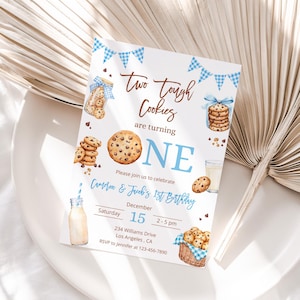 Twins Milk and Cookies 1st Birthday Invitation,Two Tough Cookies Are Turning One Invite,ONE Sweet Cookie,Blue Boy 1st birthday,Instant Dwnld