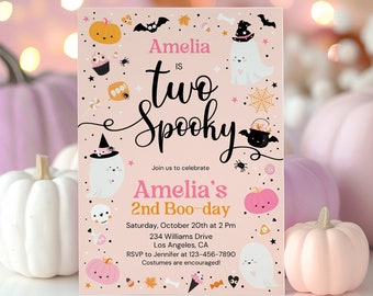 2 つの不気味なハロウィーンのゴーストの 2 歳の誕生日パーティーの招待状、編集可能なかわいいピンクのゴーストの 2 歳の誕生日の不気味なハロウィーンの招待状の即時ダウンロード