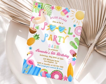 Pool Party Invitation, Editable Tropical Splish Splash Girly Pool Party Invite,Summer Swimming Pool Splash Pad Party Invite Instant Download
