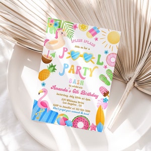 Pool Party Invitation, Editable Tropical Splish Splash Girly Pool Party Invite,Summer Swimming Pool Splash Pad Party Invite Instant Download