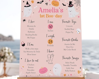 不気味なハロウィーンの1歳の誕生日のマイルストーンポスター、ピンクのゴーストの1歳の誕生日パーティー、ハロウィーンの1歳の誕生日の統計ポスター、カボチャの飾り