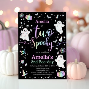 Two Spooky Halloween Ghost 2nd Birthday Party Invitation,EDITABLE Pastel Cute Ghost Halloween Birthday Spooktacular Invite Instant Download