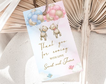 May include: A thank you tag featuring two teddy bears holding onto blue and pink balloons. The tag reads "Thank you for coming with love Sarah and James".