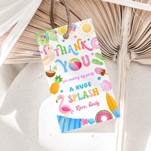 May include: A colorful thank you tag with a beach theme. It says "Thank You for making my party a huge splash. Love, Emily". The tag is decorated with a flamingo, a beach ball, a pineapple, a surfboard, a donut, and other beach-themed items.
