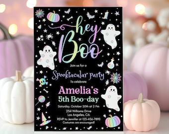 Verjaardagsuitnodiging Halloween, BEWERKBAAR Hey Boo pastel halloween kinderen uitnodigen, Spooky Celebration Costume Party, Spooktacluar Instant Download
