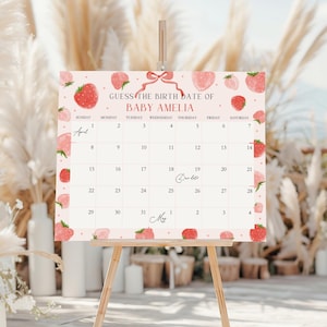 Calendrier de date d'échéance pour baby shower aux fraises, jeux de douche de bébé aux fraises MODIFIABLES, signe de calendrier de date d'échéance de bébé devinez, petit anniversaire doux devinez