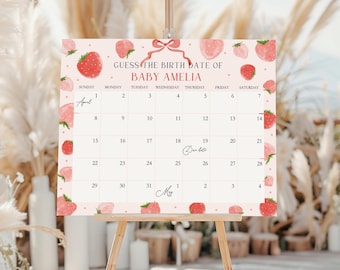 Calendario de fechas de parto para baby shower de fresa, plantilla editable de juegos para baby shower de fresa, juego de adivinanzas (PDF)