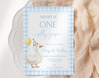 Silly Goose 1st Birthday Invitation: Blue Gingham, Editable (Digital Download)