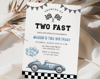 Invitación de segundo cumpleaños de dos coches de carreras rápidos, invitación de cumpleaños de dos coches de carreras rápidos, plantilla imprimible de coche de carreras vintage azul, descarga instantánea