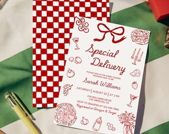 Special Delivery Baby Shower Invitation,Hand Drawn Italian Pizza Baby Shower Invite,Slice Slice Baby Shower Invitation,EDITABLE Template