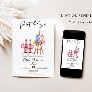 K&ouml;nnte beinhalten: Eine digitale Einladung zu einer Paint & Sip Party. Die Einladung zeigt eine Aquarell-Illustration eines Staffeleis mit Farbspritzern, Weingl&auml;sern und Weinflaschen. Der Text auf der Einladung lautet "Paint & Sip" und "Feiern Sie mit uns den Geburtstag von Olivia Johnson". Datum und Uhrzeit der Party sind mit "Samstag, 25. November, 14:00 - 18:00 Uhr" angegeben. Der Ort ist mit "Evergreen Hotel, 212 Mountain Drive, Los Angeles, CA" angegeben.