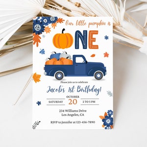 Our little pumpkin is turning one invitation,Fall Birthday Invite,Blue Pumpkin Boy 1st Birthday Blue Truck autumn Editable PrintableDownload