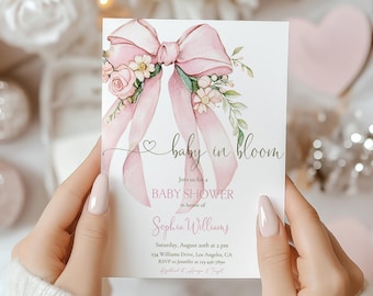 Baby in Bloom Baby Shower Invitation,Pink Bow Baby in Bloom Invite,Floral Coquette Girl Baby Shower Spring Flowers Baby Shower Invitation