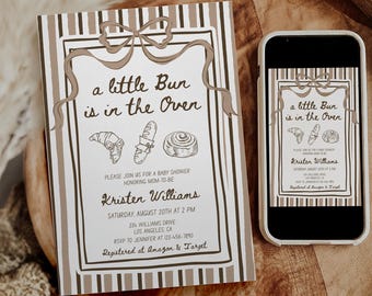 Bun in the Oven Baby Shower Invitation, Editable Hand Drawn Bakery Bread Invite,Whimsical Gender Neutral Baby Shower, Beige Coquette Bow