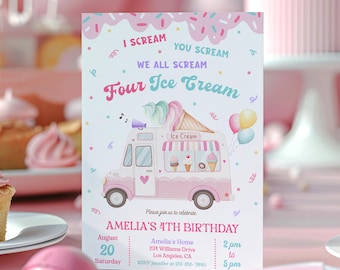 Ice Cream Truck 4th Birthday Invitation Template, EDITABLE Girl I scream You Scream We all Scream Four Ice Cream Party Invite,Printable