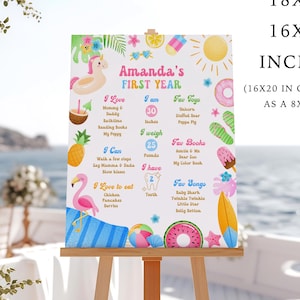 Poster del primo compleanno di One In The Sun, poster modificabile con statistiche per la festa in piscina estiva tropicale, download immediato
